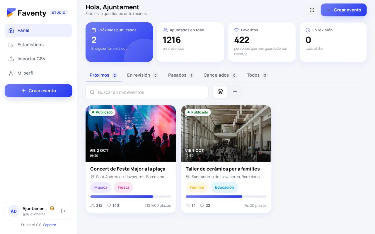 Panel de Faventy Studio con los eventos de una entidad
